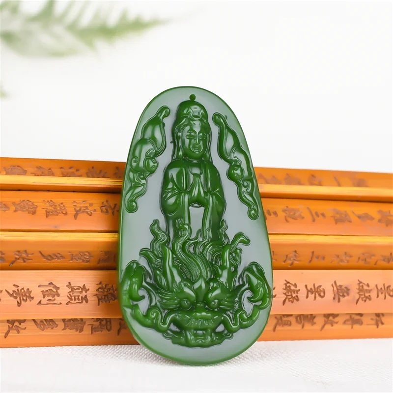 Natural Green Hand-Carved  Jade Dragon Head Guanyin Jade Pendant, Domed Dragon Head Guanyin Pendant Male Jade Pendan Necklace