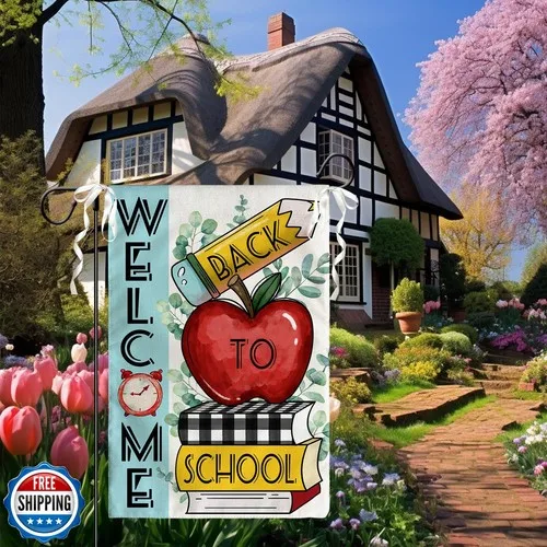 Cryfox バック トゥ スクール ガーデン フラッグ アップル バーラップ 12 x 18 両面 JJE