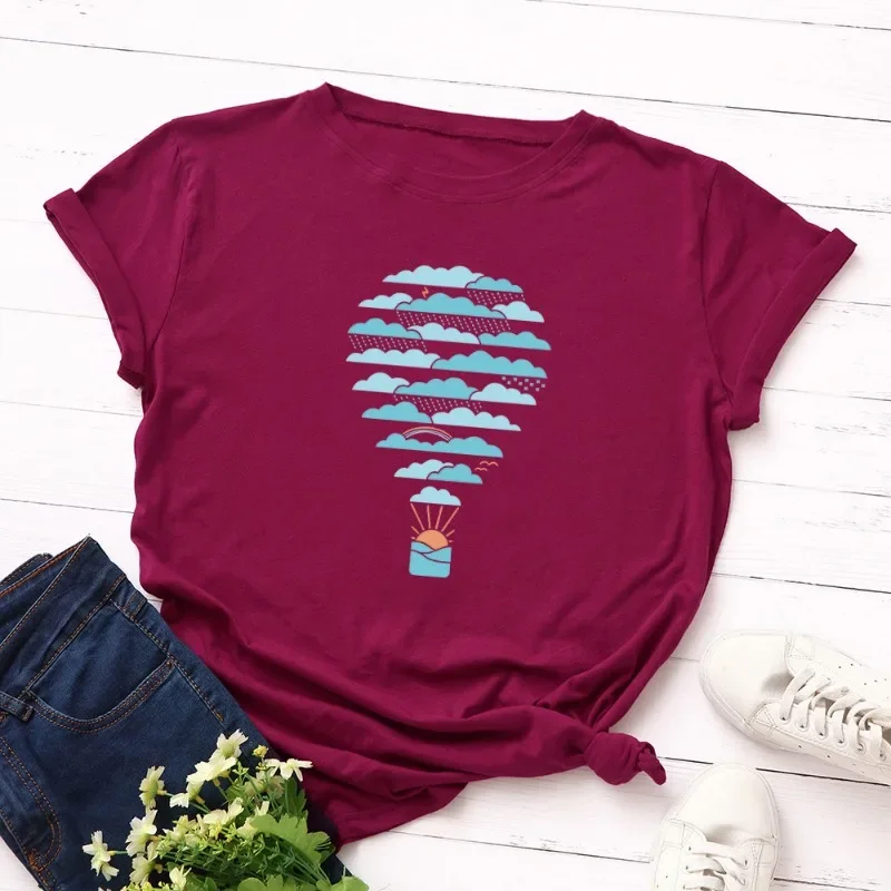 JFUNCY Oversized Women Cotton Tee Shirts Woman Short Sleeve T-Shirt Weather Hot Air Balloon Print Summer Tshirt Female Tops