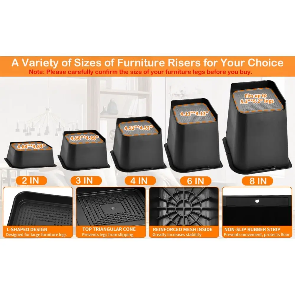 4 Pcs/Set Professional 1-6 Inch Bed Risers Heavy-Duty Support Bed Lifts Risers Bed Lifter Couch Sofa Table Chair Leg