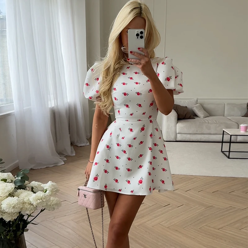 Floral Printed Dresses For Women Fashion Sexy Streetwear Puff Sleeves O-Neck A-Line Elegant Mini Vestidos Robes Female Slim Fit