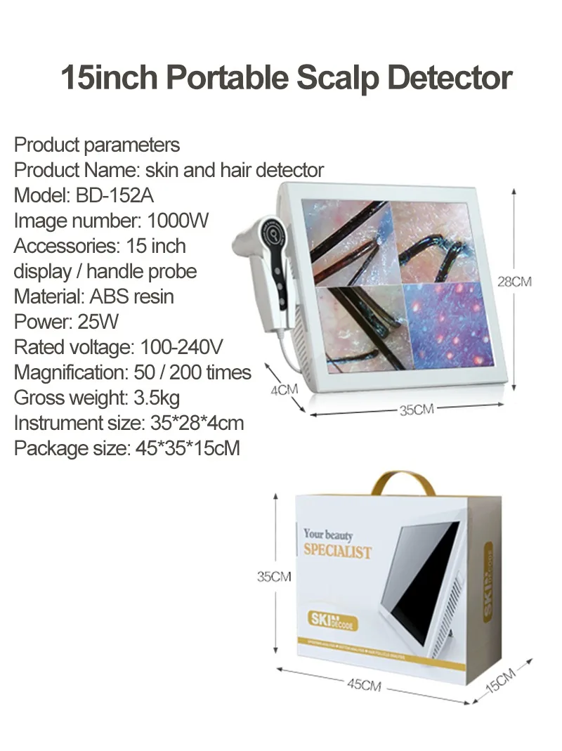 15 Inch Scherm Hd Hoofdhuid/Huid/Haarfollikel Detector Ultra Huid Analyze Voor Schoonheidssalon/Thuisgebruik 50/200 Keer Huid Analyzer