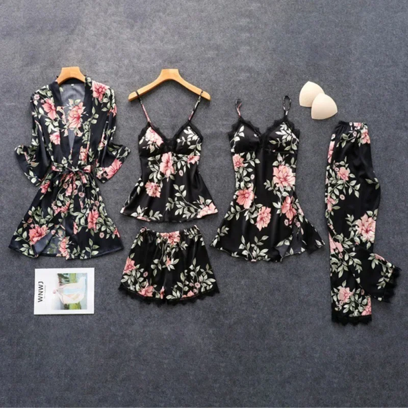 Pajamas for Women Summer Sexy Pajamas Five-piece Set Suspender Pajamas for Women Home Wear with Chest Pad Bathrobe