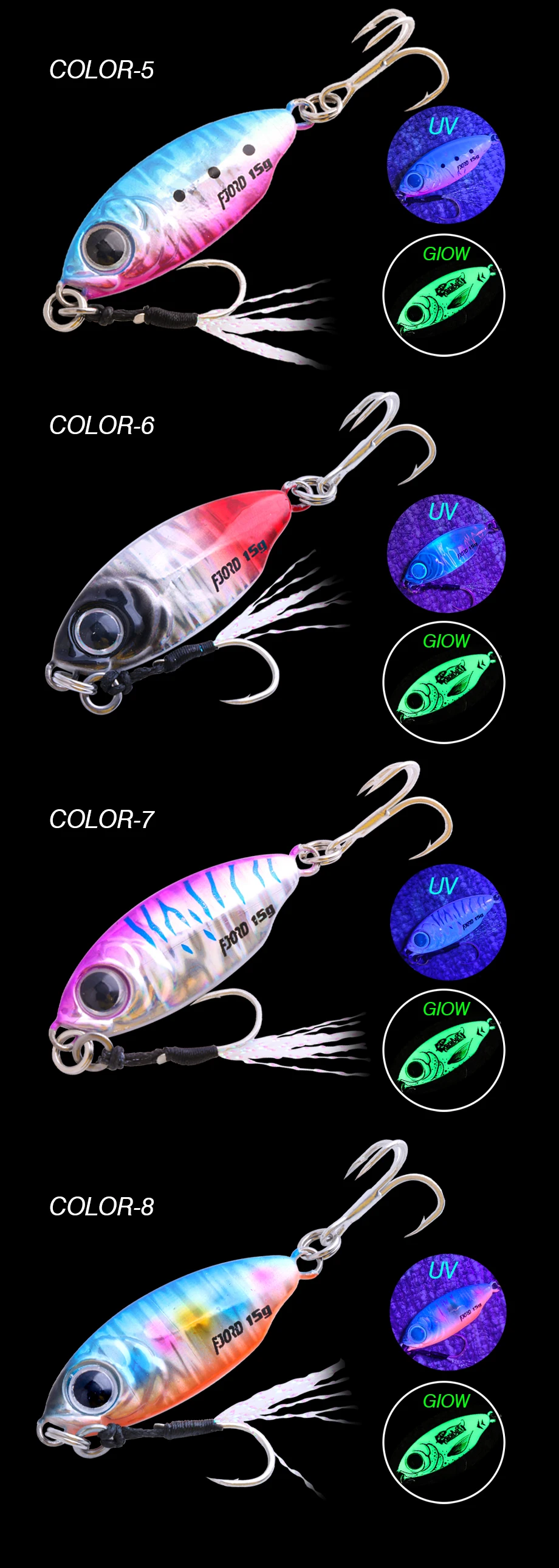 FJORD 10g 15g 20g 40g Miro Metall-Jig Angelköder für Meerwasser UV-Leuchteffekt mit Haken Angelzubehör Künstliche Köder – Detail 7