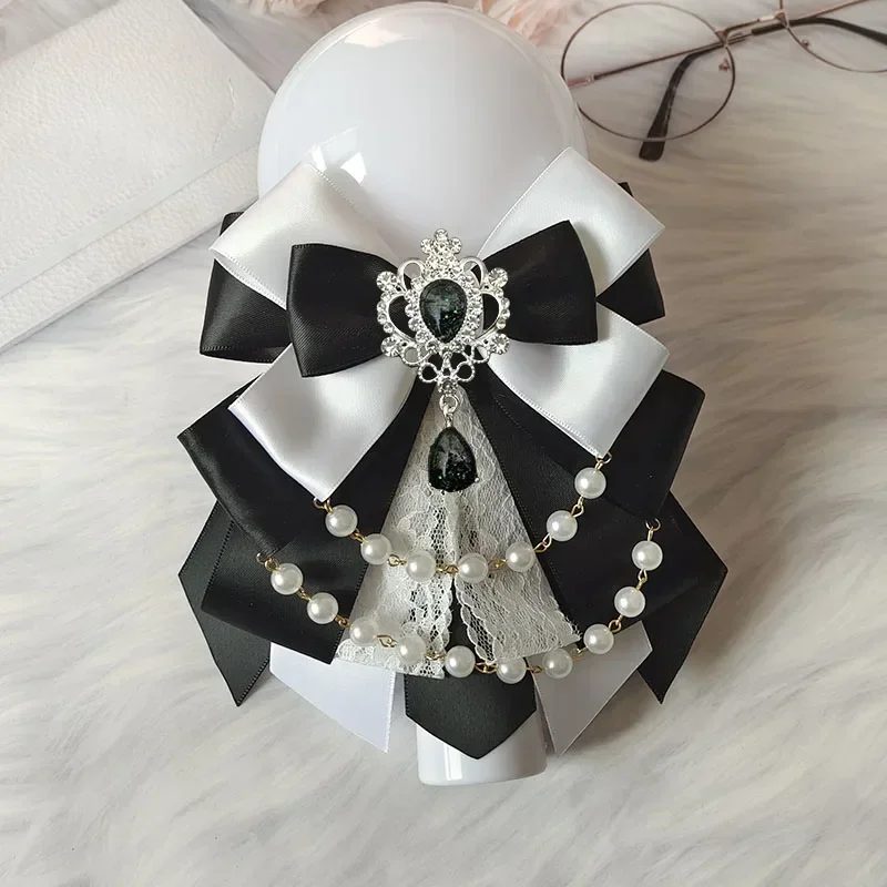 Cadena de perlas Retro Lolita, pajarita de cristal, conjunto de joyería hecha a mano, Collar de camisa, palo de arco de quilate, lámpara de mano,