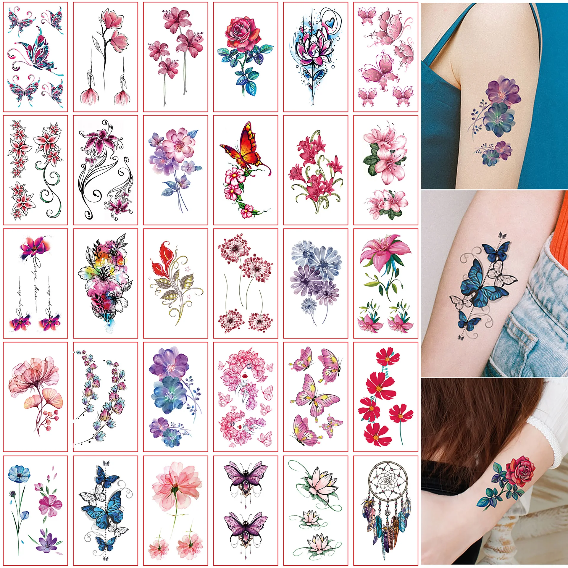 Autocollants de tatouage imperméables pour femmes, motif papillon et fleur colorés, tatouage temporaire, petite taille azole, durable, 30 feuilles