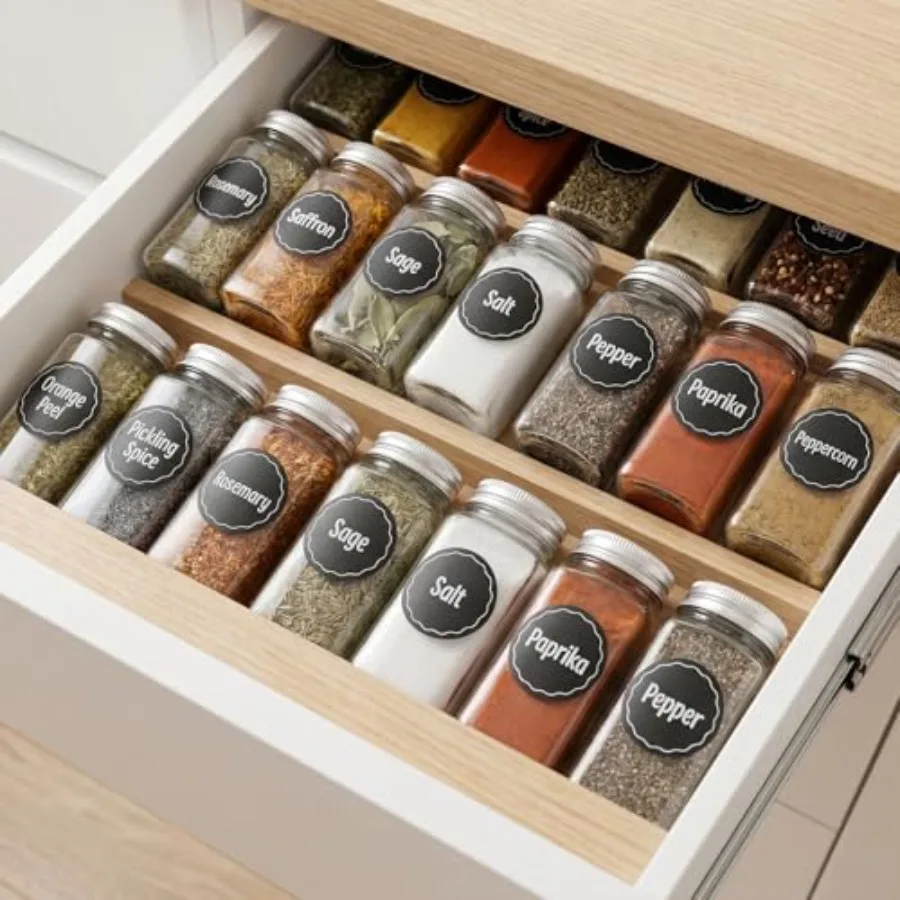 144PCS Spice Jar Labels, 1.5in Round Preprinted Black Script Stickers Easy Peel and Stick Labels for Spice Racks, Storage Jars,
