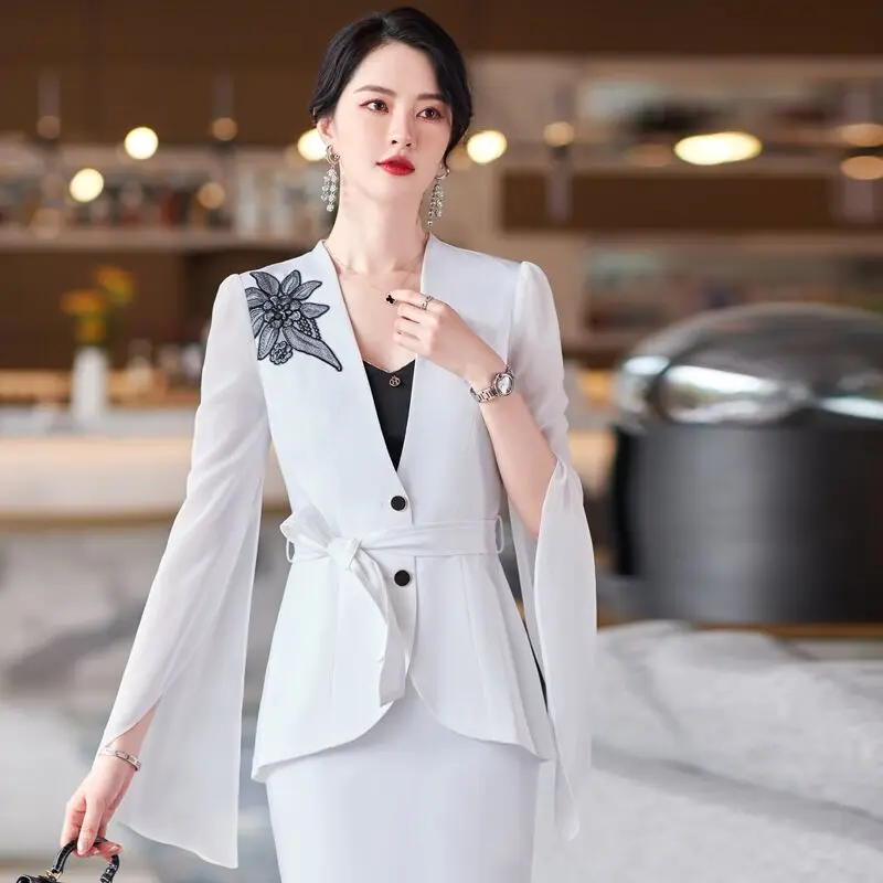 Embroidery Split Sleeve Designer Women Blazer Pants Skirt Set Belt V Neck Buttons Jackets Oversize 5XL Slim Formal Splicing Coat