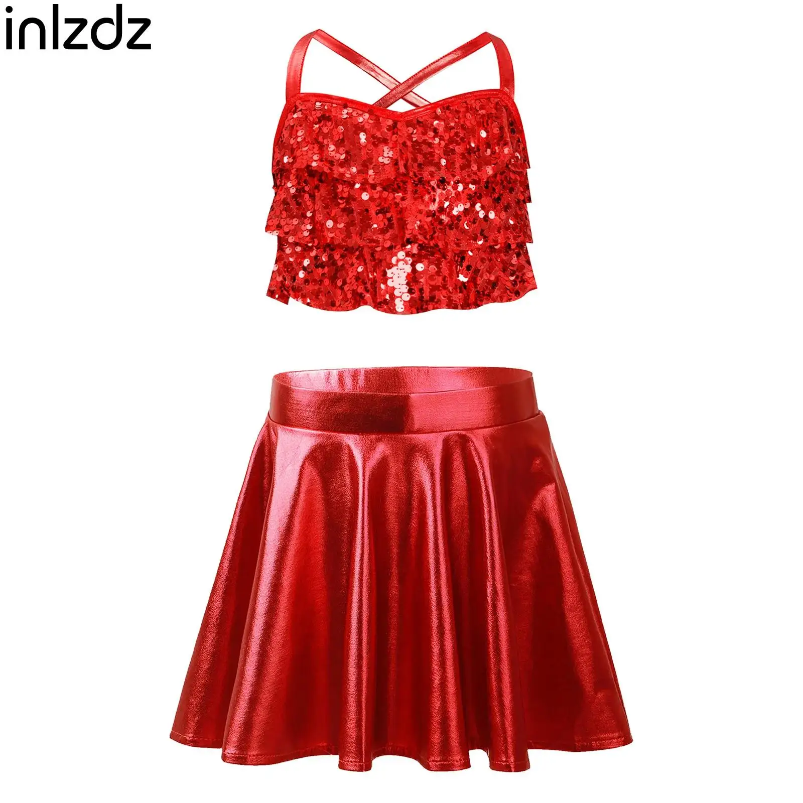 

Kids Girls Jazz Cheerleading Dance Performance Costumes Glittery Sequins Tiered Ruffles Crop Top with Skirt for Birthday Party
