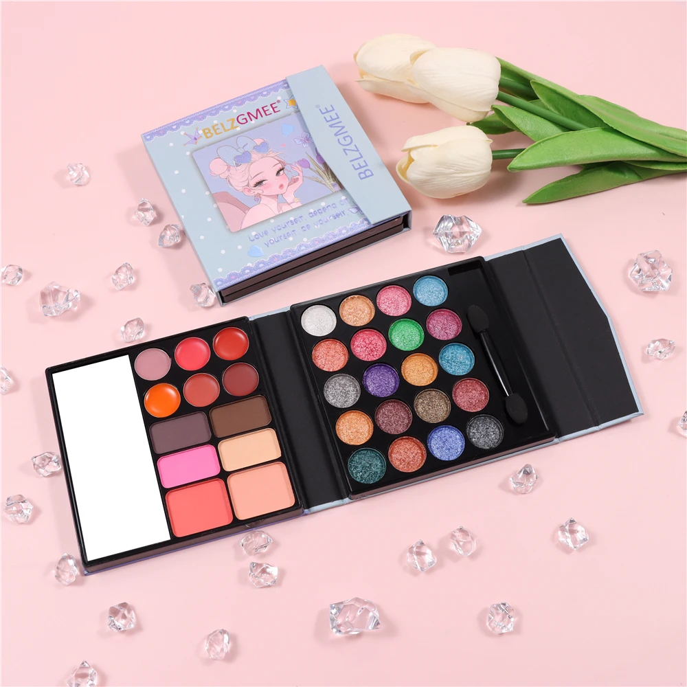 BELZGMEE Fashion Girl Matte Eye Shadow Palette with Powder Puff Glitter Eyeshadow Palette Portable DIY Makeup for Eyes 2PCs