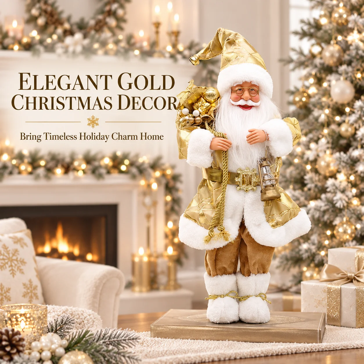 45cm Standing Santa Claus Figurine Gold White Christmas Decoration with Gift Sack Lantern for Home Tabletop Mantel Shelf