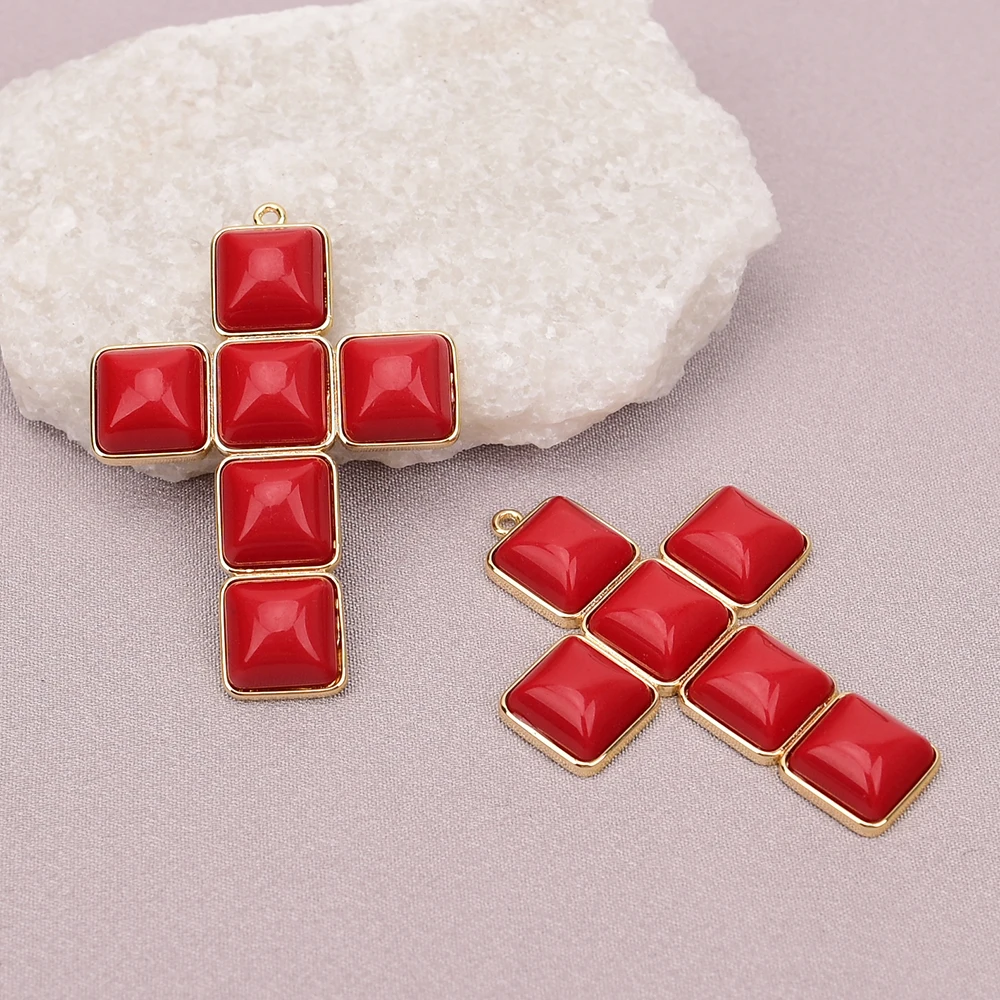 APDGG N106 2 Pcs Natural Red Crystal Jewelry inlay Cross Shape Pendant Necklace Making DIY