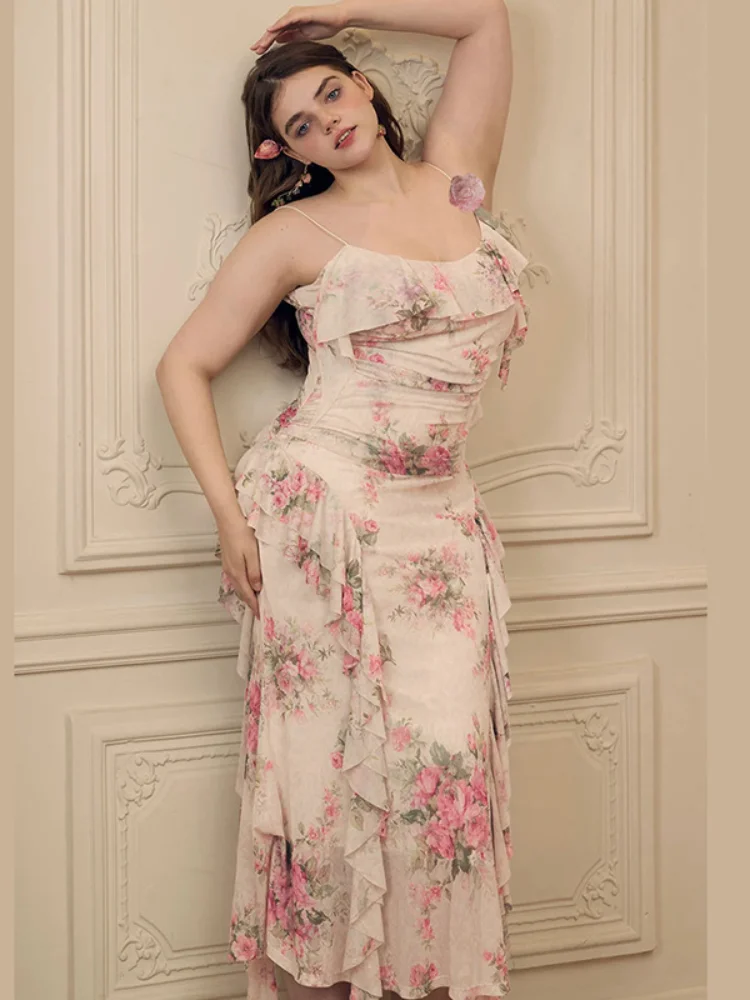 

Chic Sweet Printed Sleeveless Camisole Dress Women Ruffle High Waist Pleated Bodycon Long Dresses 2026 Lady Date Party Vestido
