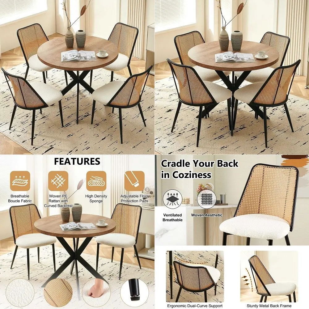 

37 Round Dining Room Table Set for 4, Modern Kitchen Dining Table Set, Compact Dinette Set with Rattan Dining Chairs Upholstere