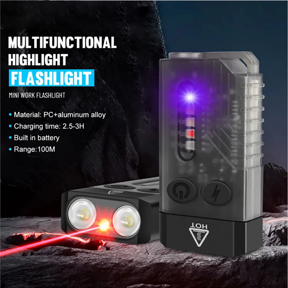 V10 EDC Mini Flashlight Keychain Light Type-C Rechargeable 1000LM Torch Multifunctional Redline Blue Red UV Emergency Light