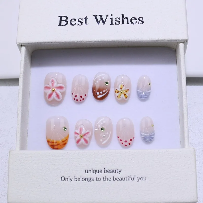 

10pcs Handmade Nail Tips 3D Flowers Press on Nails with Glue High Quality French False Nails with Design Finger Nails Removable