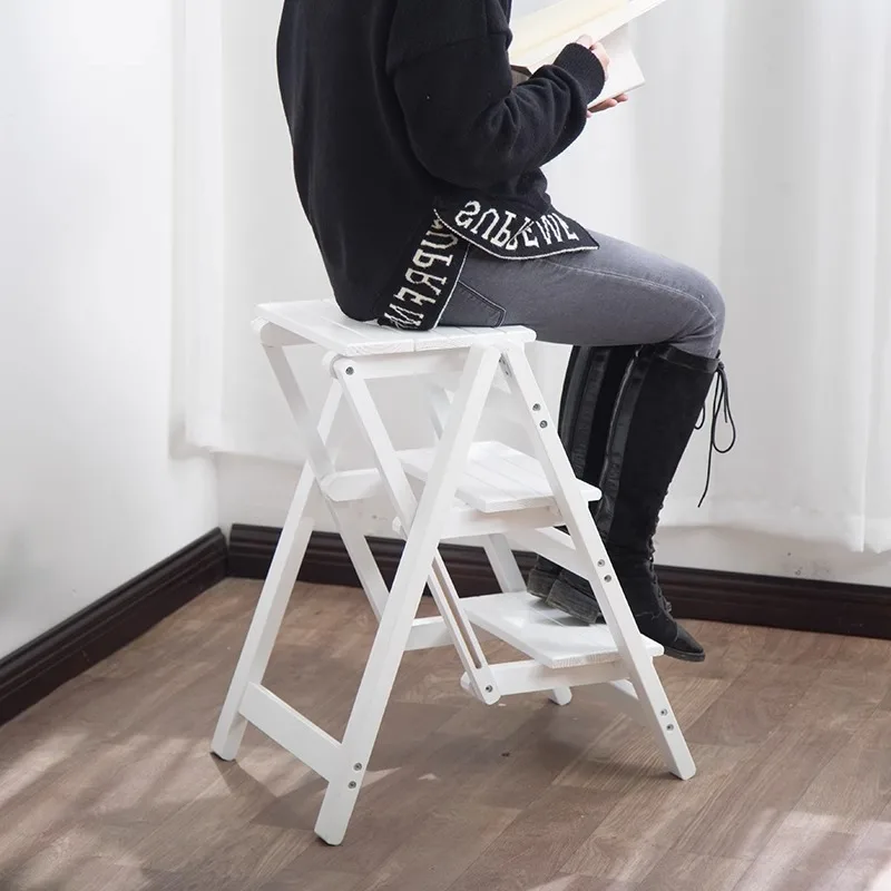 Household Folding Ladder Stools Solid Wood Stool 3 Step Ladders Foldable Decorative Staircase Multifunction Home Display Rack
