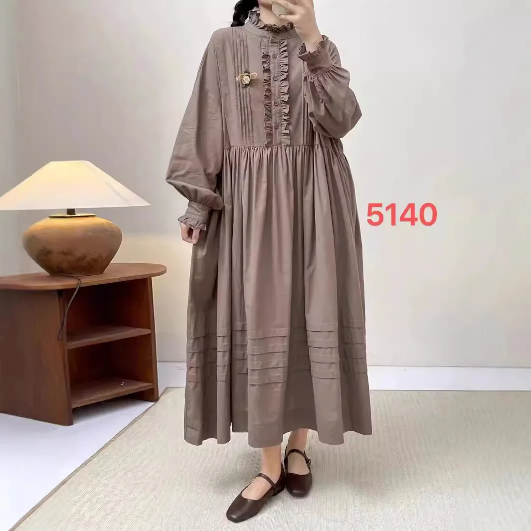 [Gotowy towar] Wysokiej jakości damska bluzka/koszula ze 100% bawełny, koronkowa stójka, długi rękaw, bawełniana, miękka, wygodna długa sukienka