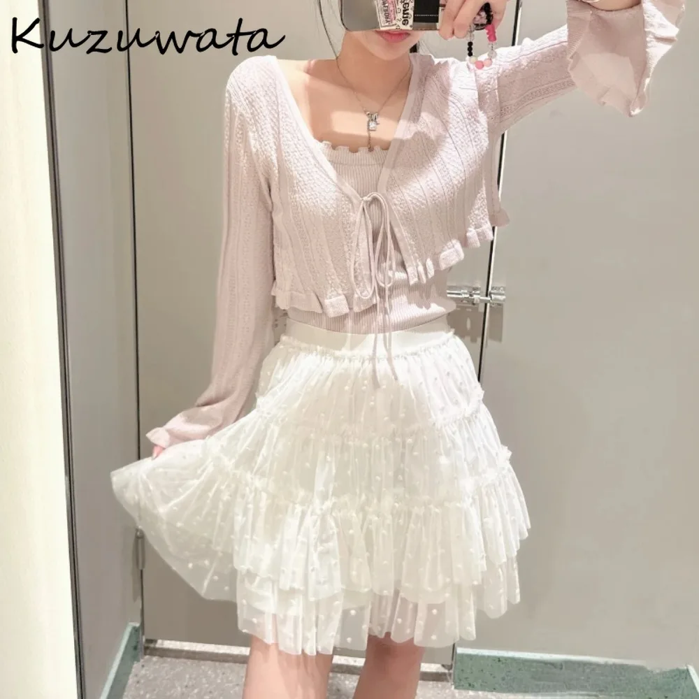 Kuzuwata New Moda A-line High Waist Shorts Voile Elegant Patchwork Polka Dot Women Pants Japan Sweet Cake Ball Gown Mujer Short