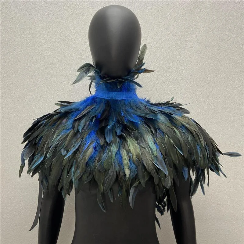 Gothic Feathered Cloak Cape with Ruffled Collar Fringe Shawl for Masquerade Party Costume Accessory Rooster Feather