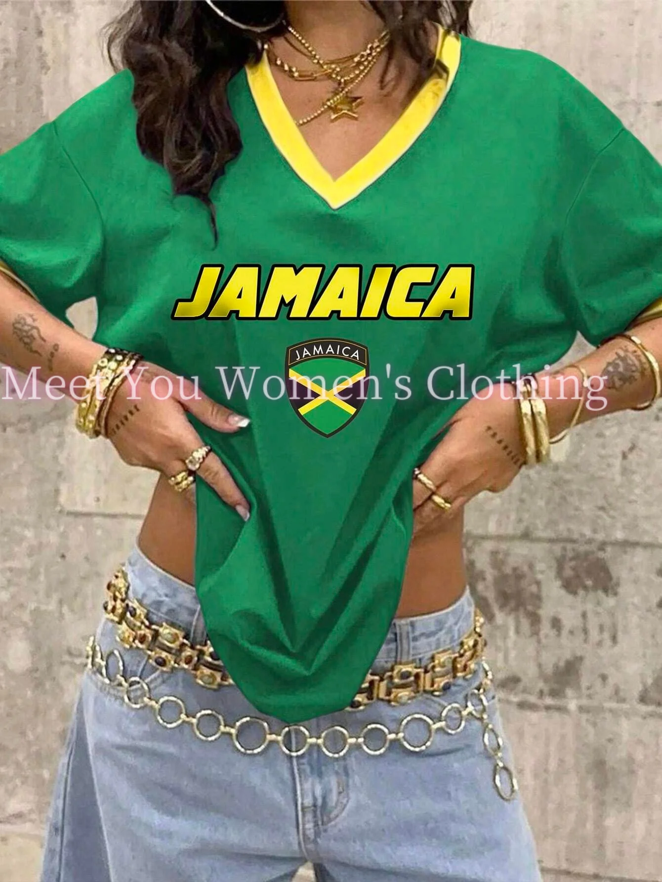 

Womens Letter JAMAICA Print T-shirts Female Summer Basic V-neck Tees Casual Retro Streetwear Ladies Sport Plus Size Tops