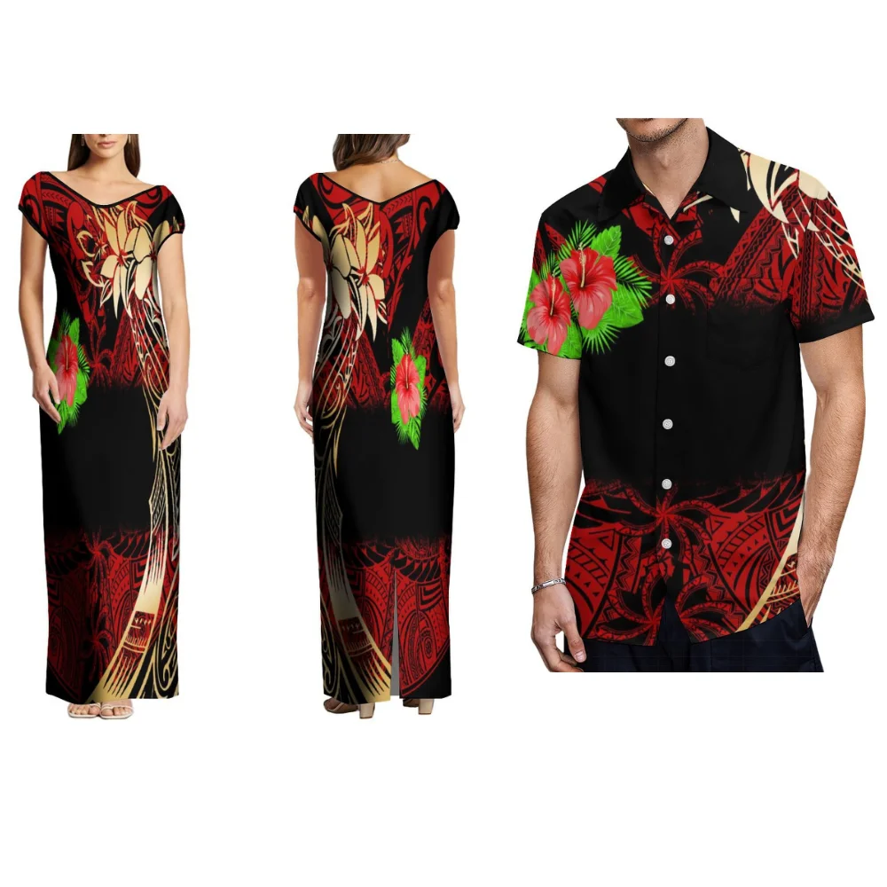 

Samoa Club Women'S Dress Off-The-Shoulder V-Neck Dress Polynesian New Pattern Summer Short-Sleeved Men'S Shirt Couple Suit