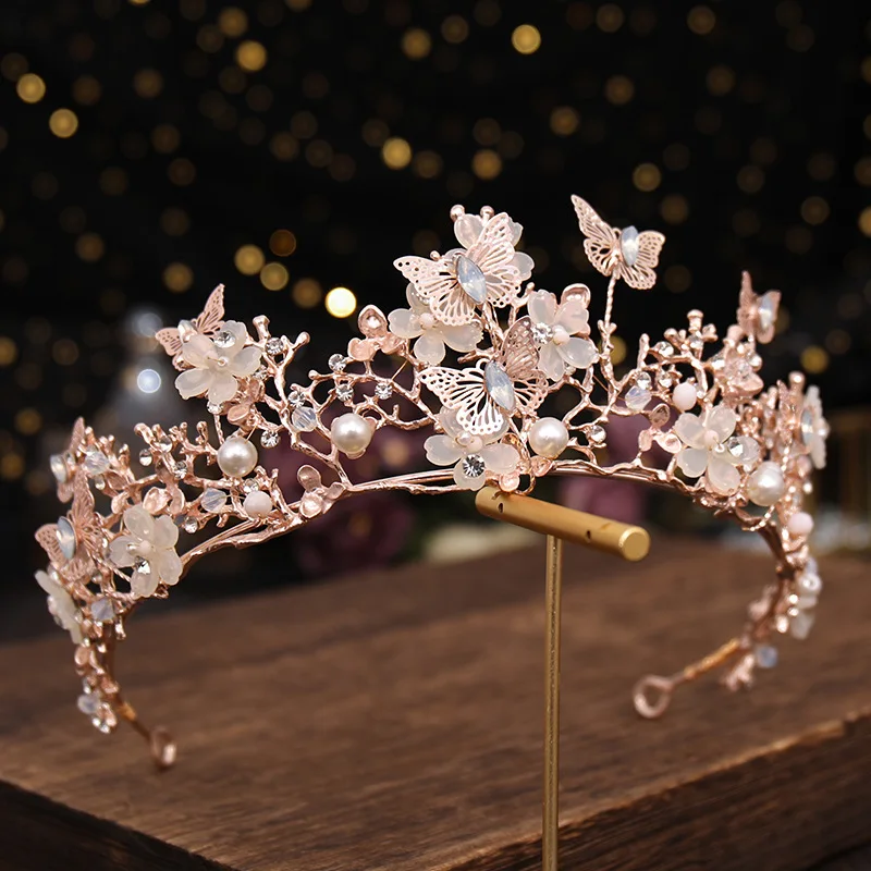 Handmade Crown Cross-border Butterfly Crystal Crown Headband Bride Wedding Headdress Veil