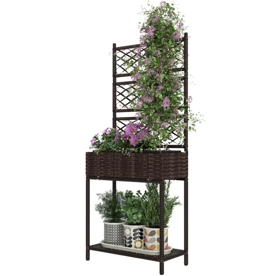 

Outdoor Wicker Planter with Trellis for Climbing Plants Freestanding Rattan Garden Box with Storage Shelf Brown