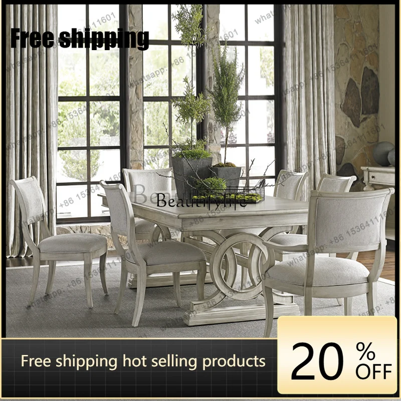 Factory Direct American French oak white retro rectangular restaurant retractable dining table and chair combination design