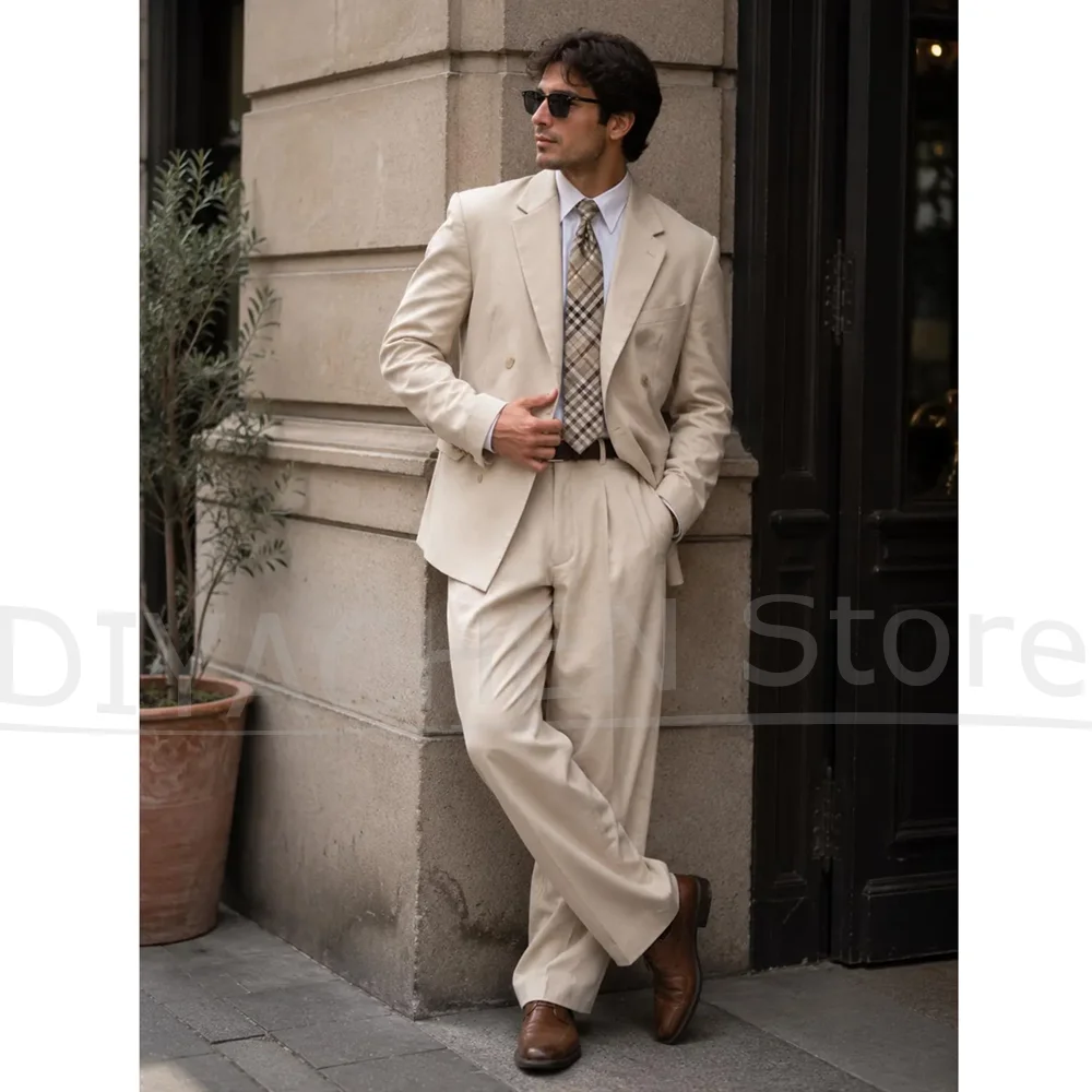 Herren Beiger Zweireiher Anzug – Men Formal Wear Outfits Bewertung und Preis