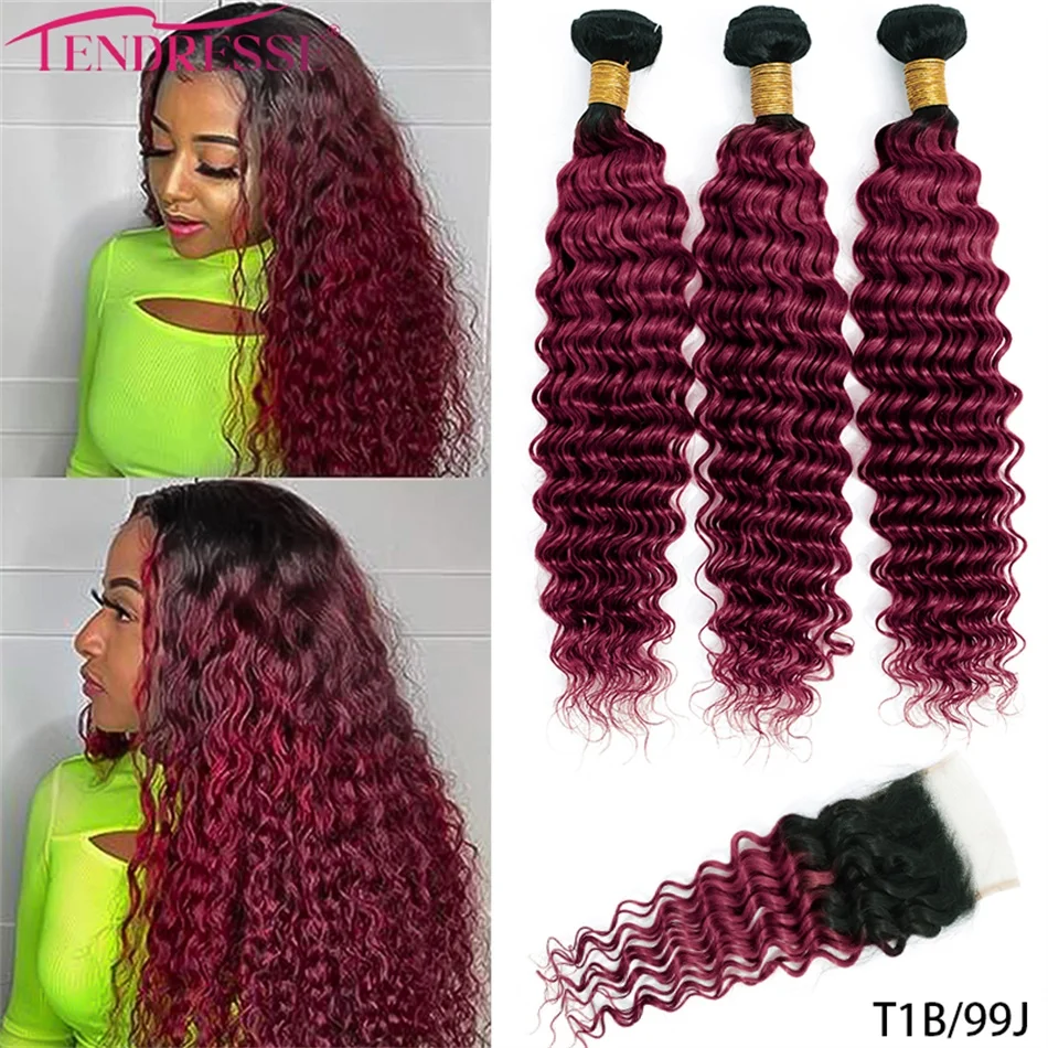 

100% человеческие волосы Ombre, 3 пучка с HD кружевной застежкой, глубокая волна, 3 пучка с застежкой, влажные и волнистые вьющиеся волосы с застежкой 99J