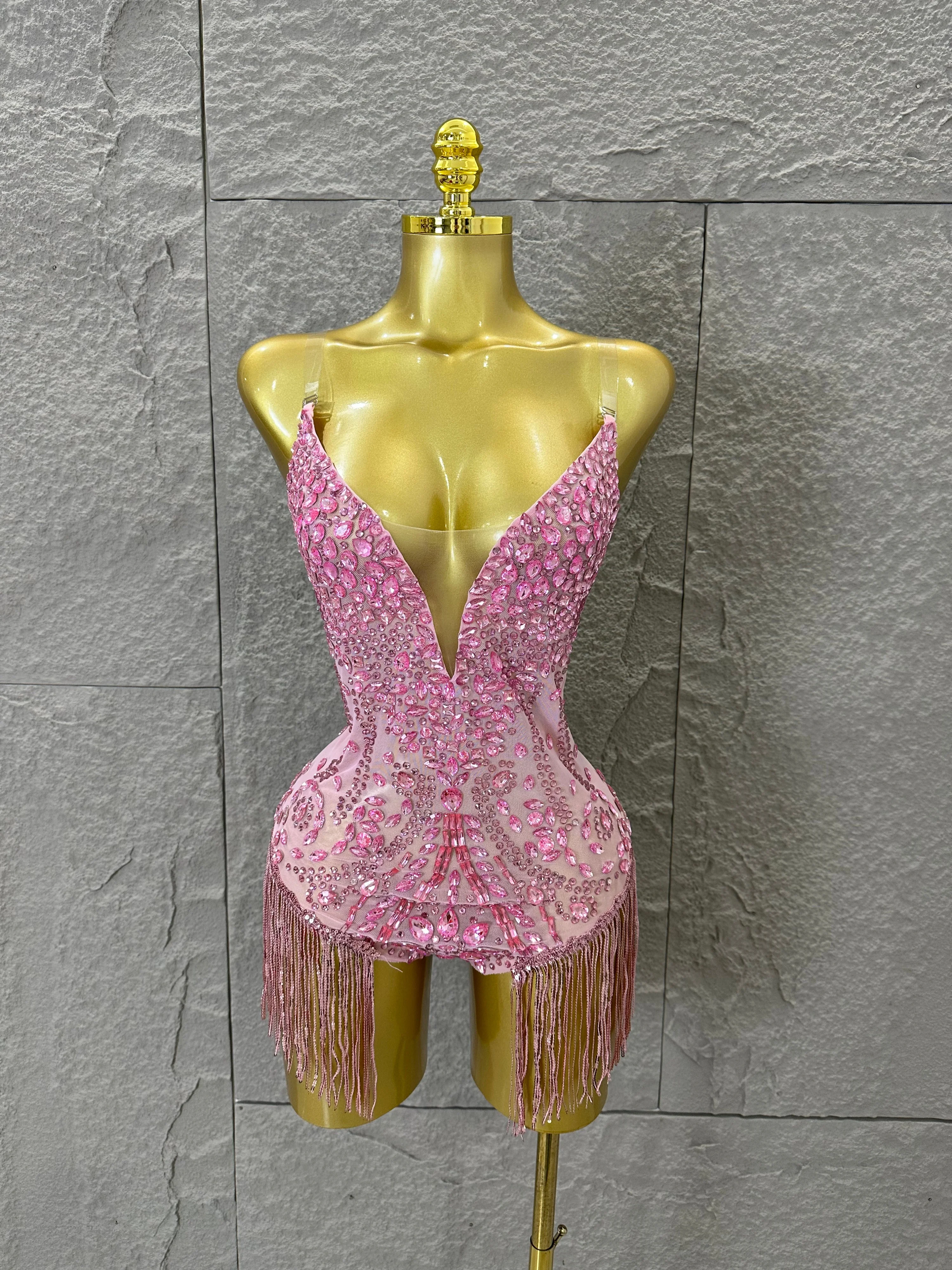 Pink Spaghetti Strap Bodysuit Women Sexy Deep V Neck Sheer Mesh Crystal Embellished Fringe Form-Fitting Formal Event Outfit