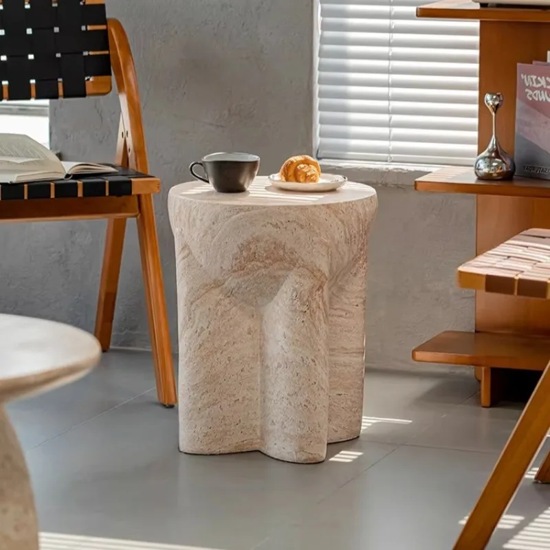 Travertine Cross Stool, Roman Column Side Table - Carved Stone Accent for Sofa Corner, Living Room, Home Decor