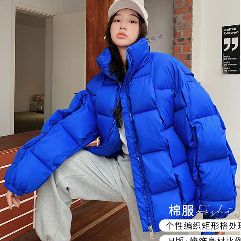 2025Winter Women Puffer Parkas Coat Korean Casual Loose Thicken Warm Down Cotton Jackets Solid Weave Zipper Overcoats female new