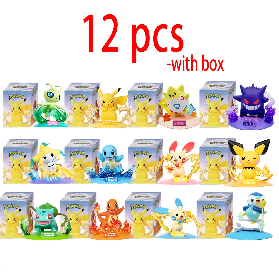 12 estilo pokemon ação bonecas pikachu gengar pequeno dragão de fogo anime modelos decoração caixa cega brinquedos presentes das crianças