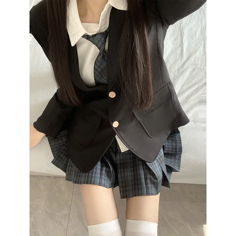 Moda scolastica giapponese Jk Uniforme scolastica Cappotto Gonna scozzese Set Giacche a maniche lunghe con risvolto nero Costume stile college Ragazza della scuola