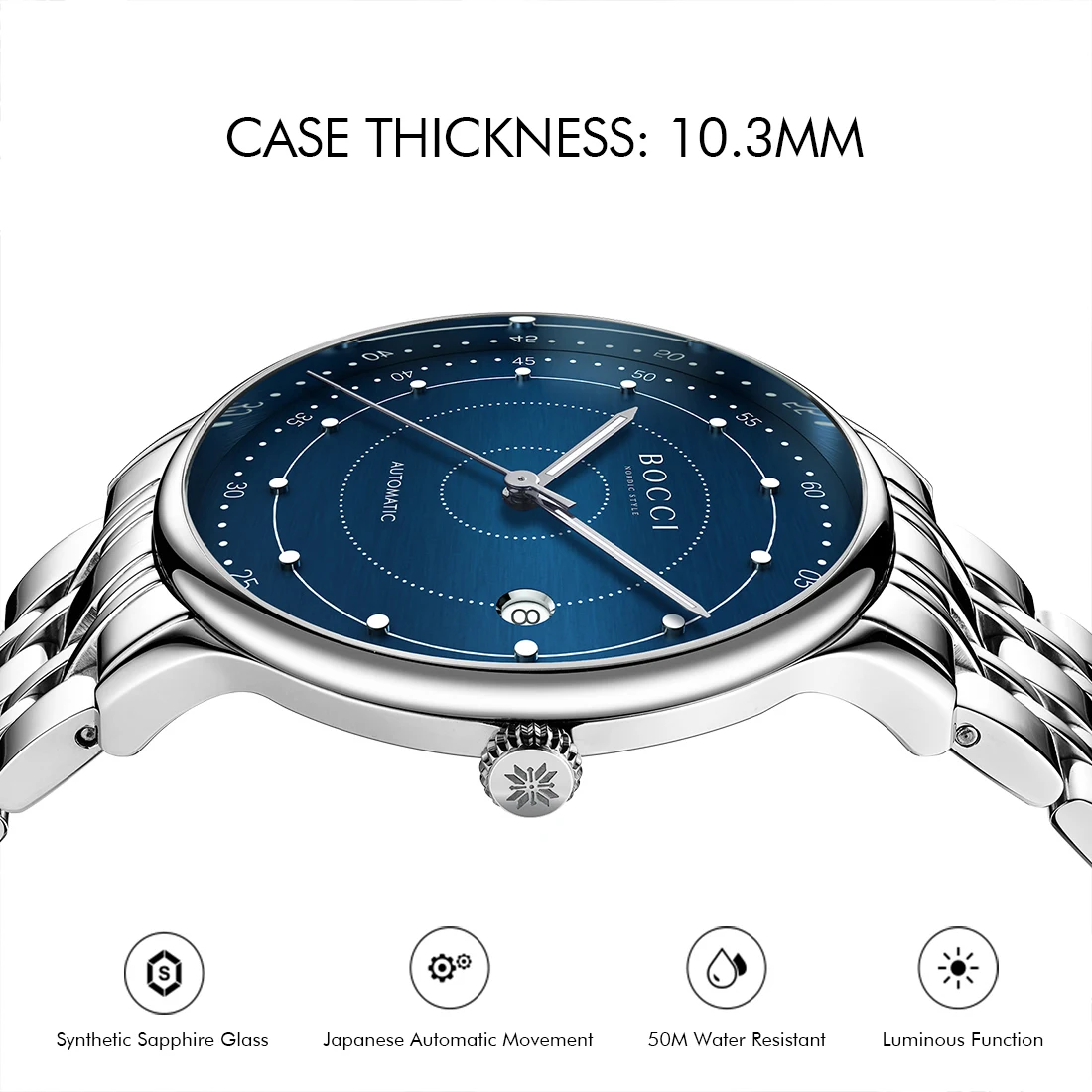 BOCCI 本物のメンズ自動巻き機械式腕時計、防水夜光ステンレスビジネス腕時計、プレミアム