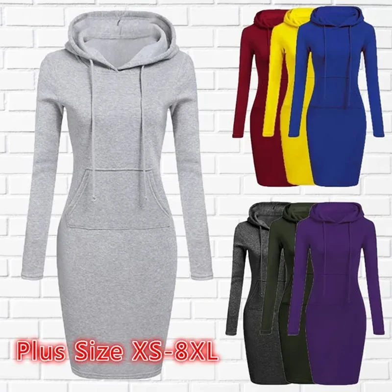 

Autumn Fashion Sweatshirt Mini Dresses for Women Pocket Casual Solid Color Hooded Long Sleeve Winter Plus Size A-Line Dress