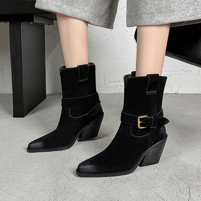 NEW Autumn Women Boots Pointed Toe Chunky Heel Shoes Cow Suede Leather Shoes for Women Casual Slip-on Western Boots Daily Shoes