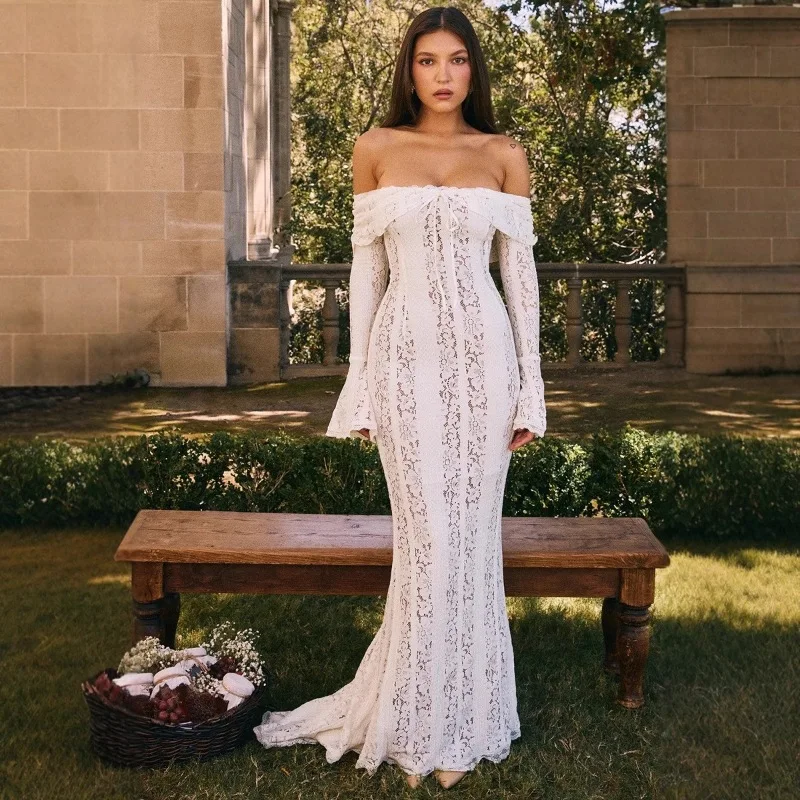

Floral Lace Off-shoulder Maxi Dress For Women White Strapless Backless Long Sleeve Bodycon Club Party Sexy Long Dress
