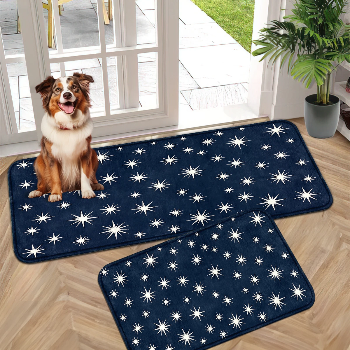 Fresh Retro Floral Mat, Starry Night Door Mat, Bright Simple Rug, Neutral Mat, Green Geometric Flower Star Multi-Color Decor Set