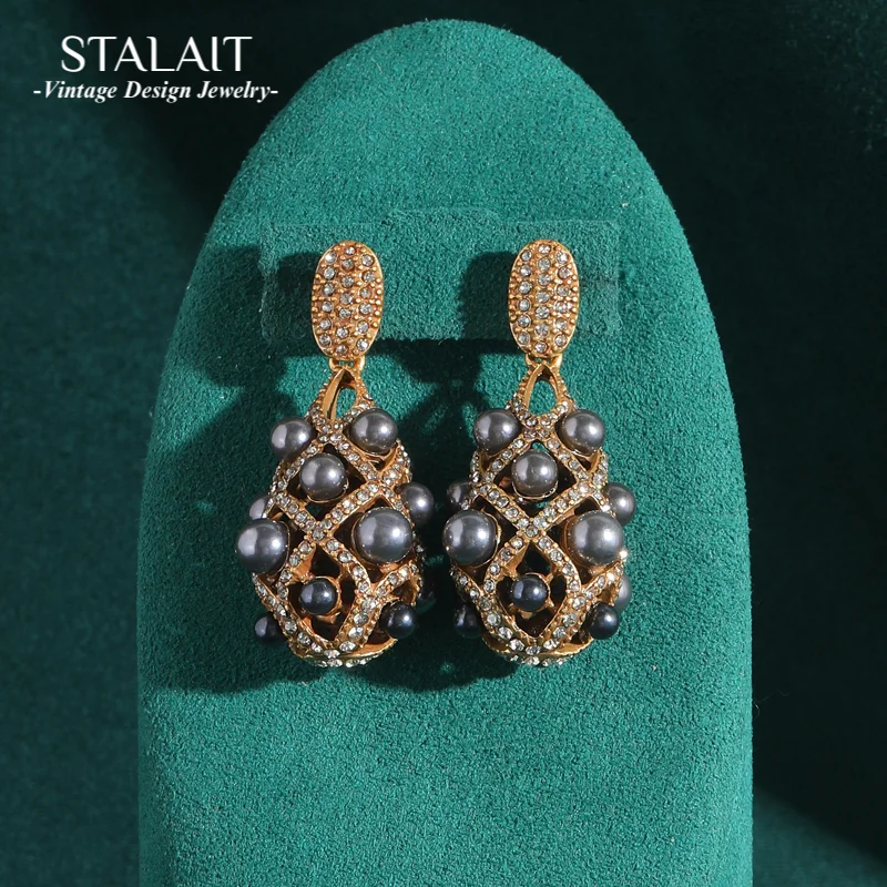 

Vintage Jewelry Wedding Pearl Earrings Freshwater Gray Cross Rhinestones Luxury Gold Color Luxury Designer Antique For Woman