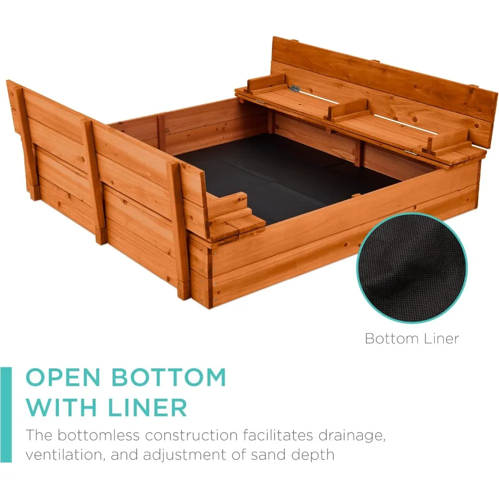 صندوق رمل خشبي خارجي كبير للأطفال، خشب الأرز مع مقاعد قابلة للطي وحماية من الرمال، بطانة سفلية متضمنة - بني