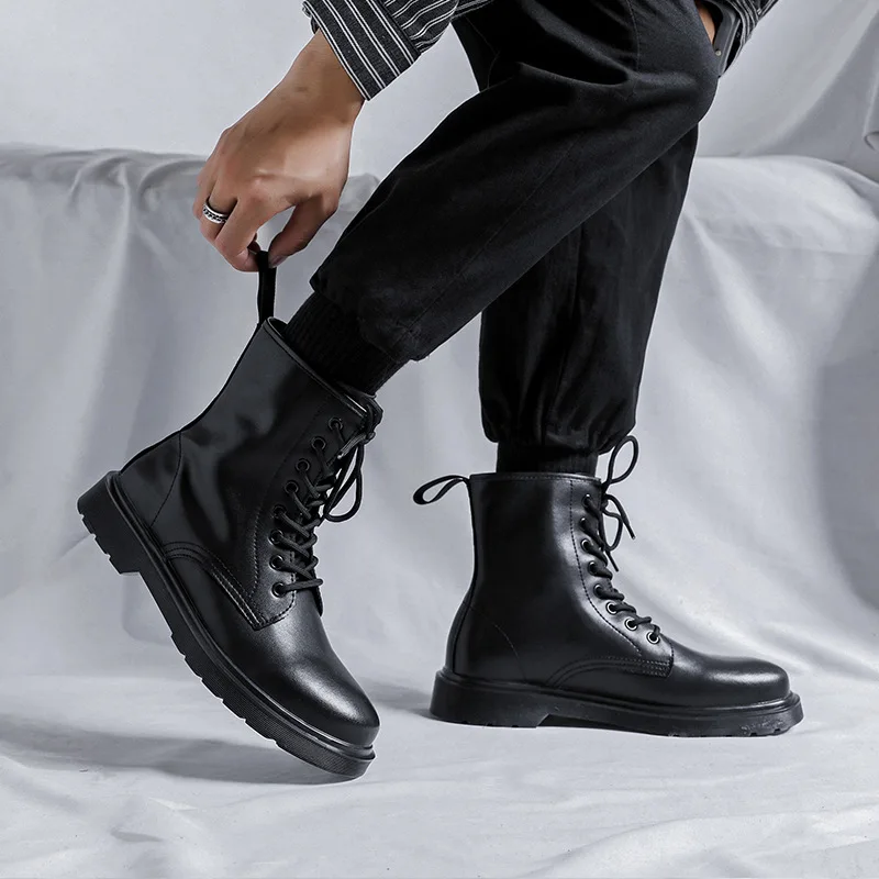 British style high top motorcycle boots for men fashion black autumn winter shoes lace-up cowboy boot original leather botas man