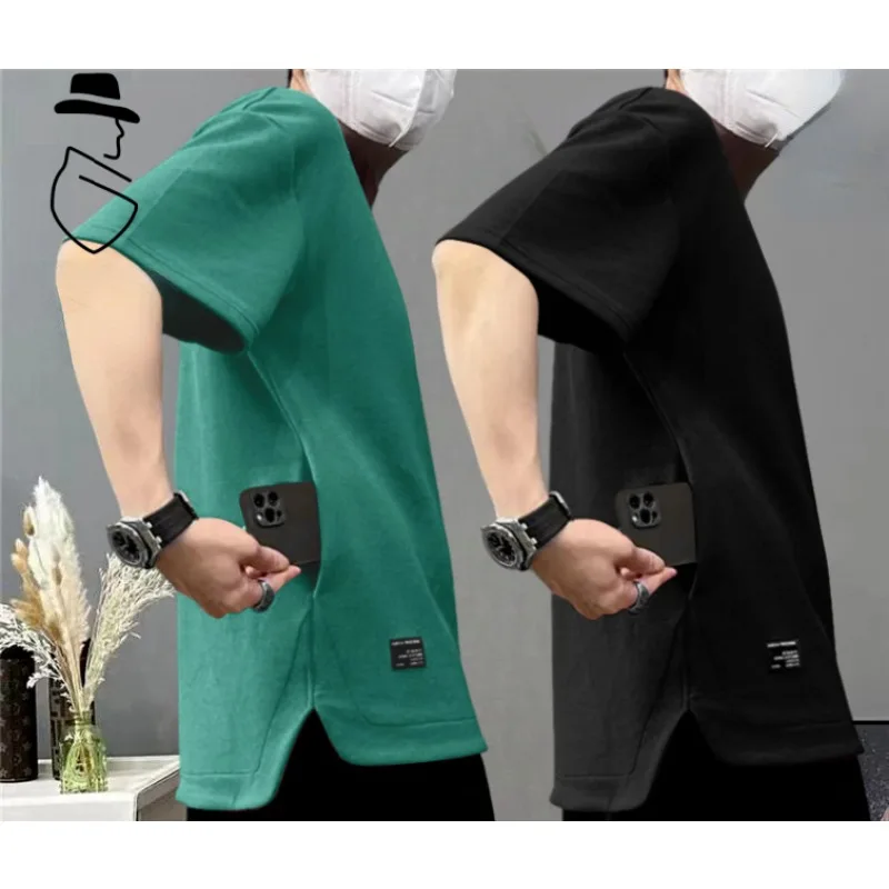

Top Men Vintage T Shirt Round Neck Tees Summer Solid Loose Large Size T-shirt Hidden Pocket Waffler Cool Refreshing Breathable