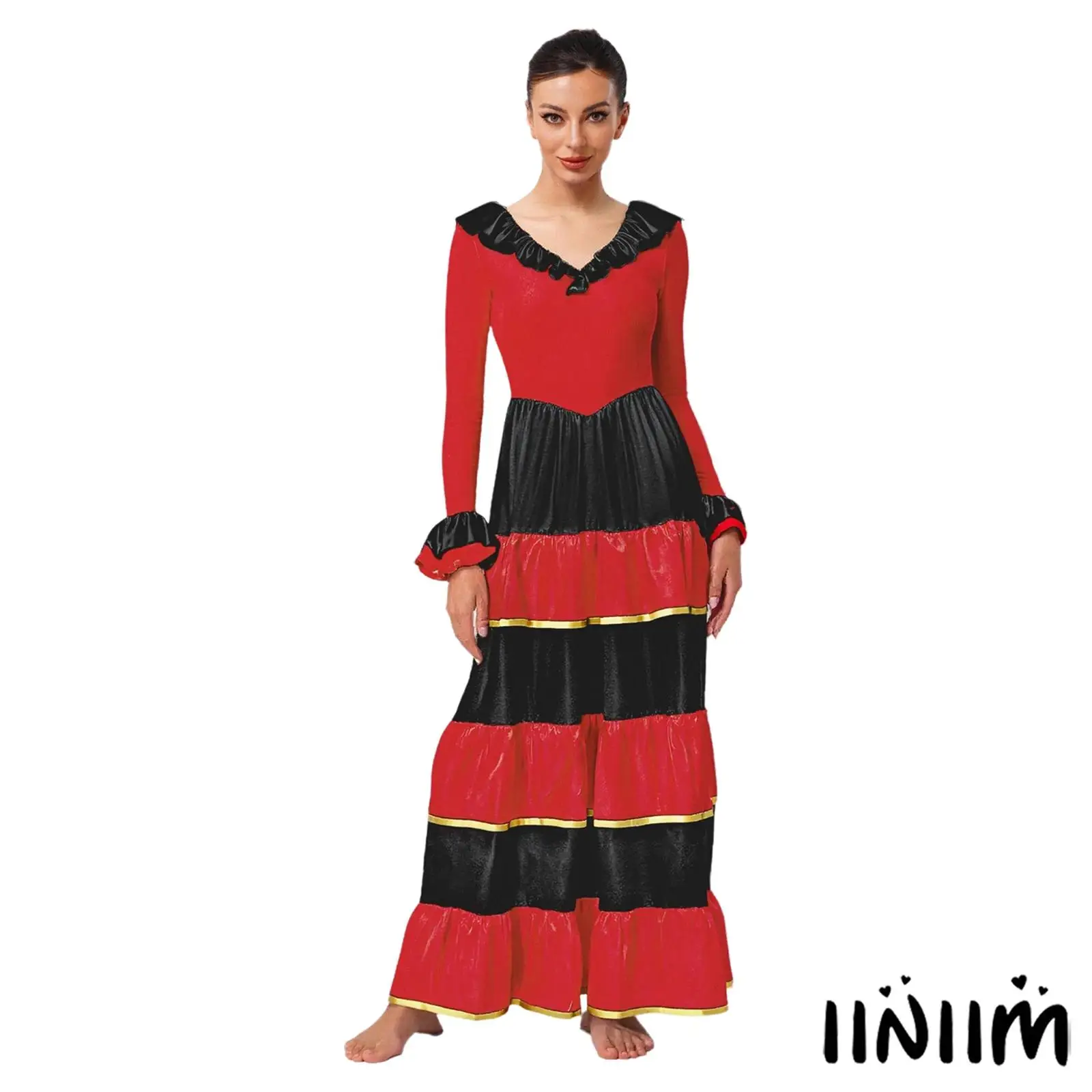 

Womens Flamenco Performance Dress Tiered Ruffle Latin Dance Costume Contrast Color Long Sleeve V Neck Latin Dresses Dancewear