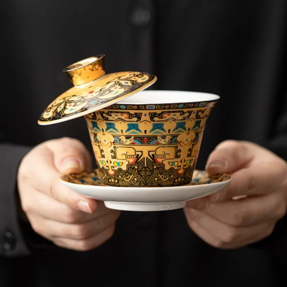 Chinese Tangka Rotatable Gold Silver Mixed Gaiwan Zen Sheep Fat Jade Hovering Lid Tea Tureen Tea Maker Cover Bowl Tea Services