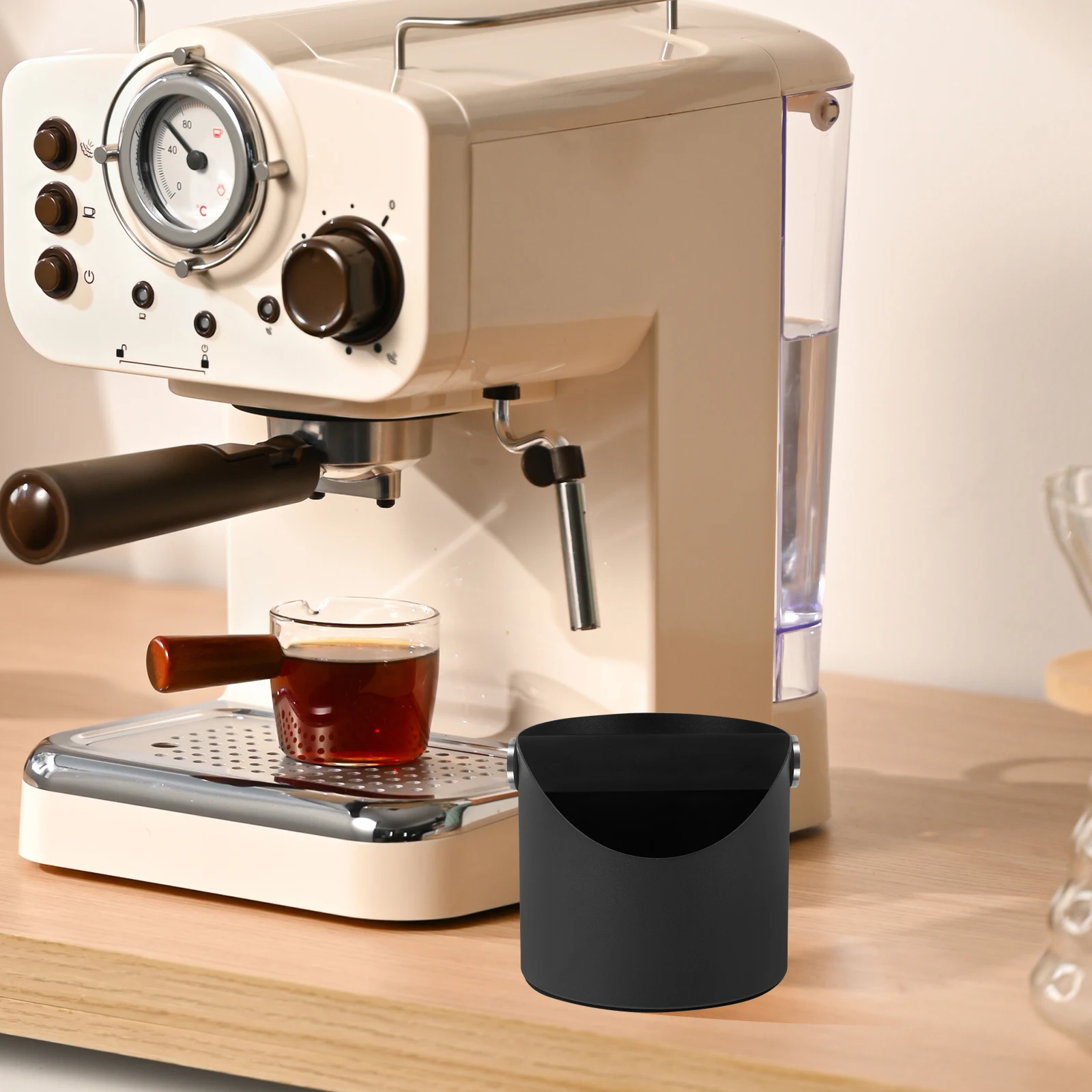 عصا صندوق طحن القهوة من السيليكون العملي مع مقبض من الفولاذ المقاوم للصدأ مضاد للانزلاق لحاوية أرضية الإسبريسو #1