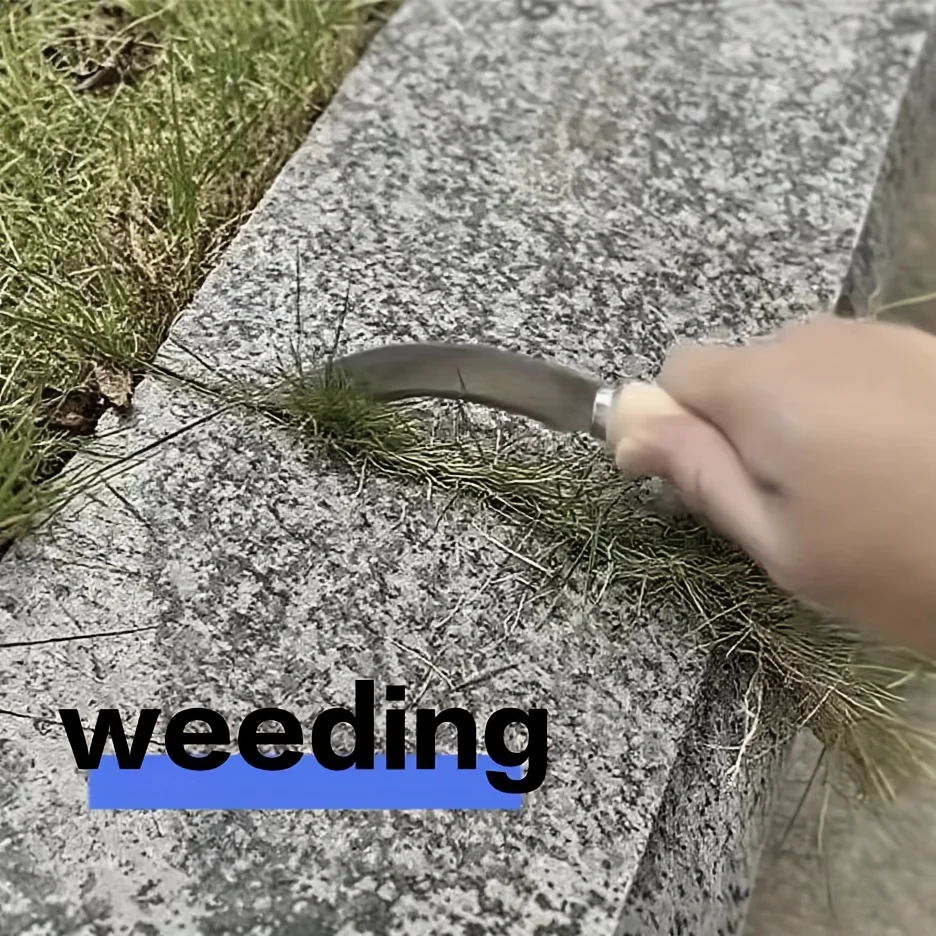 Curved Weeding tool with Wooden Handle, Sharp Stainless Steel tool for Garden Cracks, Weed Removal & Yard Maintenance