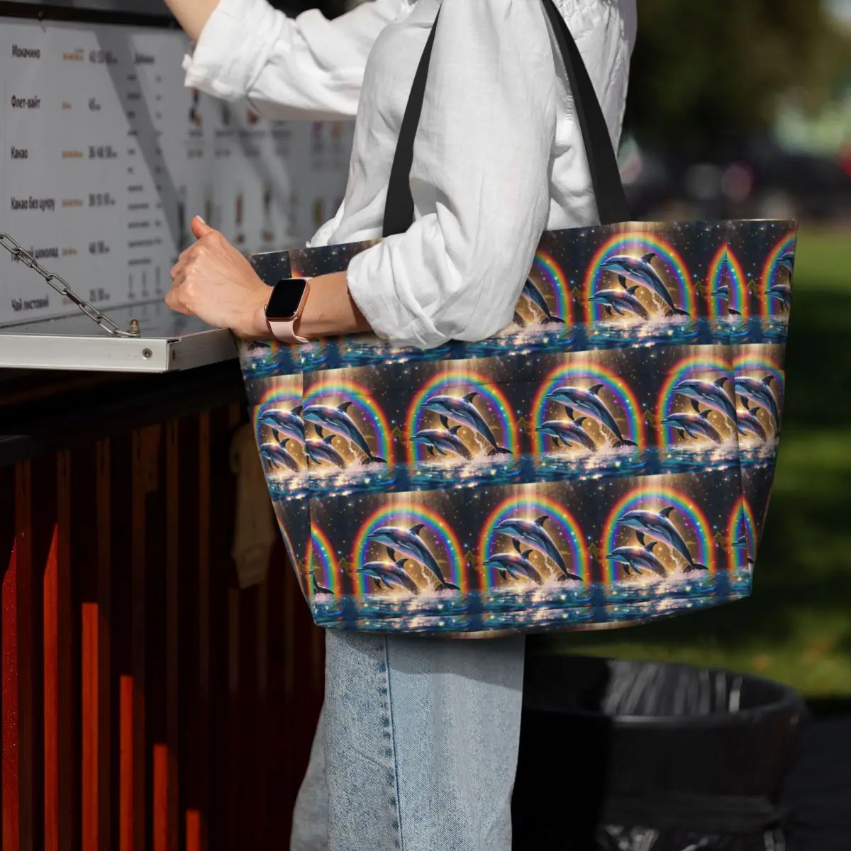

Sunset Dolphins Dancers Sea Creature Dolphin Beach Tote Bag Sport Gym Yoga Duffle Large Tote Bag Women Travel Bag Fitness bag